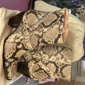 Cole Haan Taupe and Brown Snake-Print Ankle Booties with Ring Detail